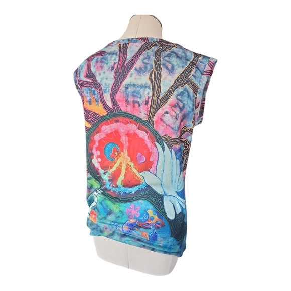 Psychedelic Peace Sign Art Tee | Vivid Graphic Cap Sleeve Top | Size L - Picture 5 of 10